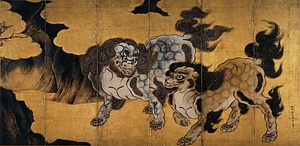紙本金地著色唐獅子図〈狩野永徳筆／六曲屛風〉